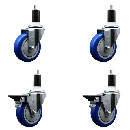 Service Caster 4'' Blue Poly Wheel Swivel 1-3/8'' Expanding Stem Caster Set 2 Brakes, 4PK SCC-EX20S414-PPUB-BLUE-2-PLB-2-138